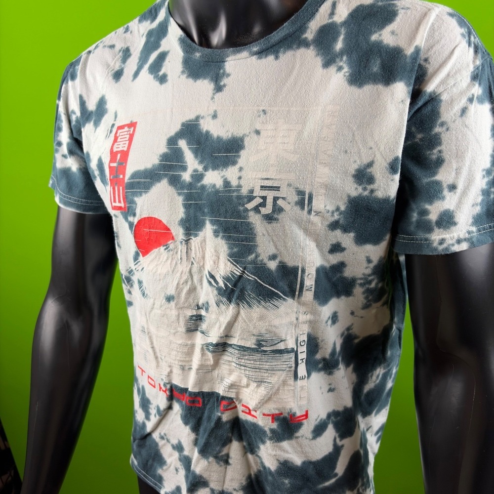 Bowery Supply Co Tokyo City T-Shirt Mens Large White/Blue Tie Dye Graphic Tee